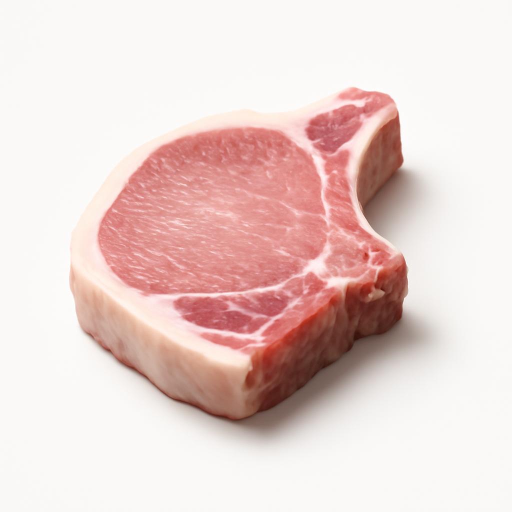 Carne de cerdo de capa blanca, chuleta, partes grasa y magra, cruda