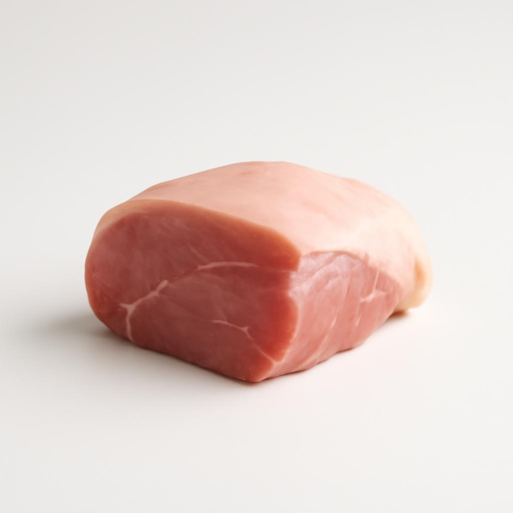 Carne de cerdo de capa blanca, jamón, partes grasa y magra, crudo